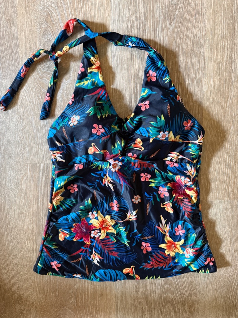 Floral Halter Tankini Top - Black Tropical Print